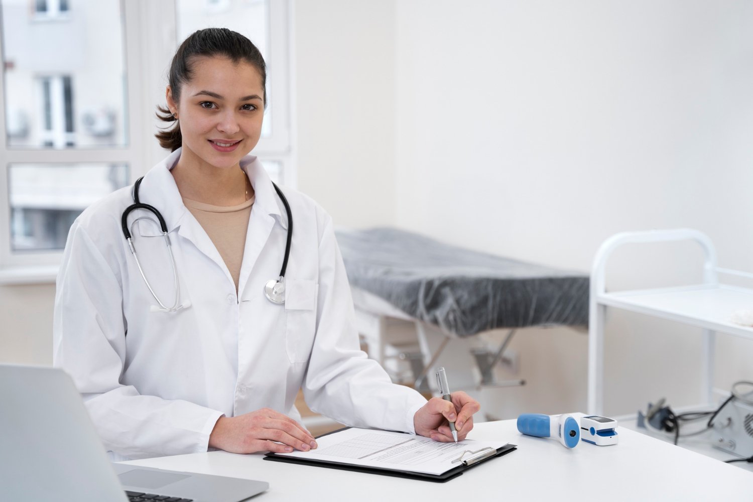 Lady doctor in her clinic looking for new patients